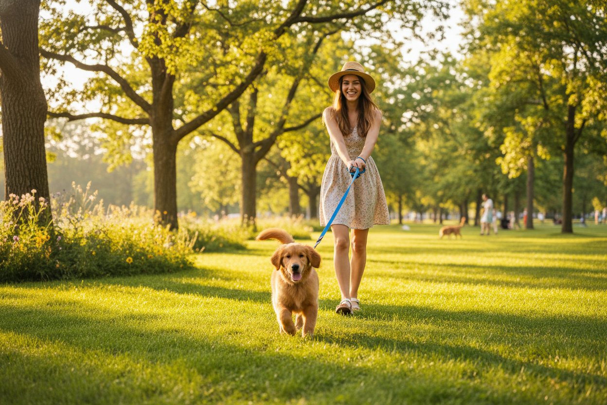A lady standing behind walking the happy puppy infront on a sunny day in park