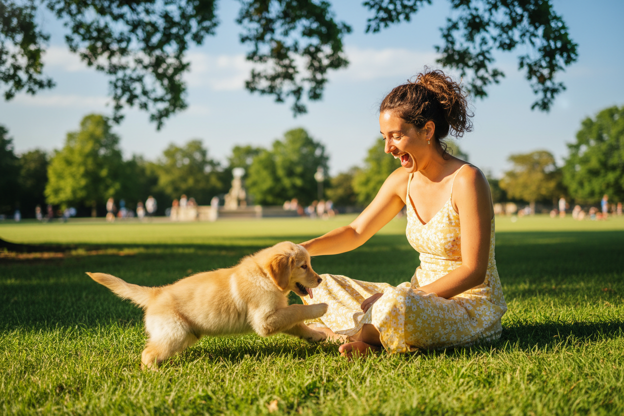 Happy lady playing with puppy on a sunny day in park